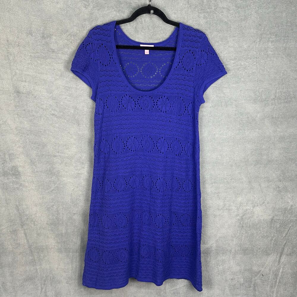 Lilly Pulitzer Dress Womens Large Blue Paulette Crochet Lined Short Sleeve Beach